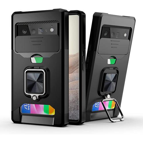 Pour Google Pixel 6 Pro Coque, Anneau Métallique Rotatif À 360 Degrés, Support Magnétique, Protection Caméra Glissante, Emplacements Cartes, Antichoc, Case-Noir