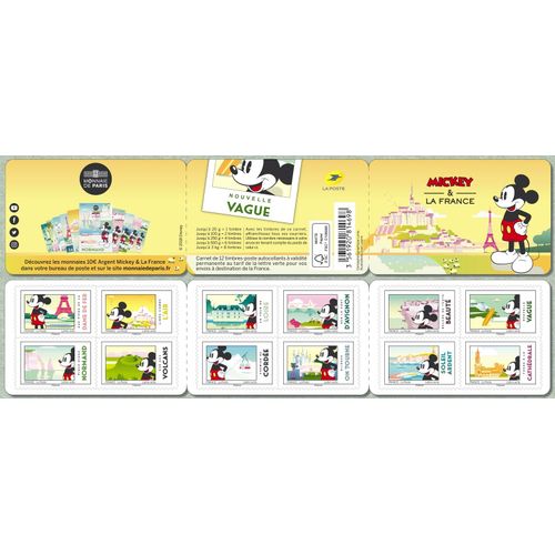 France 2018, Très Belle Bande Carnet Neuve** Luxe Yvert 1582, 12 Timbres 1582 À 1593, Pour Les 90 Ans De Mickey, Mickey Et La France. Validité Permanente, Collection Ou Affranchissement.