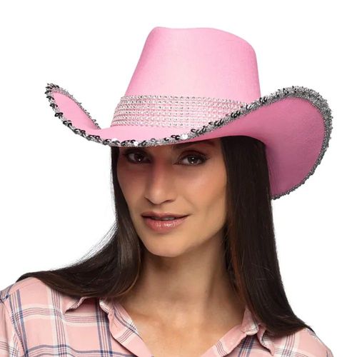 Chapeau Cowboy Rose Strass Sequins Argent Femme