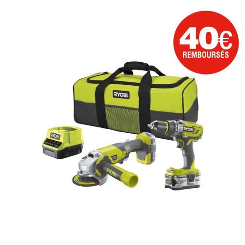 Pack Perceuse-visseuse à percussion RYOBI 18V - Meuleuse d'angle One+ 18V - 1 batterie 18V 2.0 Ah - 1 batterie 18V 4.0 Ah - 1 chargeur R18PDAG-242S