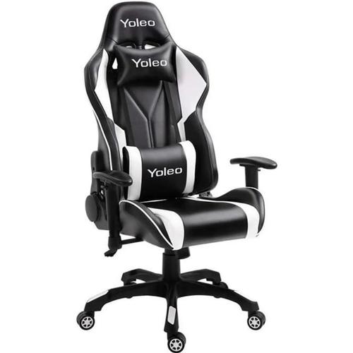 Chaise de Bureau Gamer Gaming Ergonomique Hauteur Réglable 122-130cm  Pivotant 360 Inclinable 90 °-150 ° Blanc et Noir