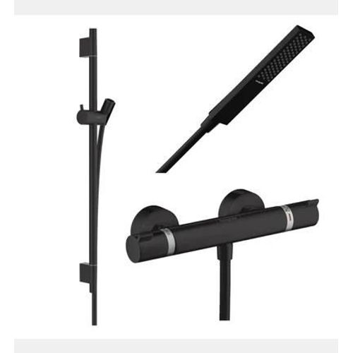 Hansgrohe - Pack mitigeur douche thermostatique Ecostat Comfort + Barre Unica S Puro + flexible + Pommeau Pulsify E noir mat - Noir