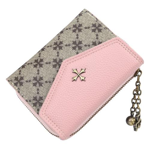 Portefeuille Femme Court Fermeture Éclair Multi-Cartes Trèfle à Quatre Feuilles Boucle Ruban, Rose,LV993