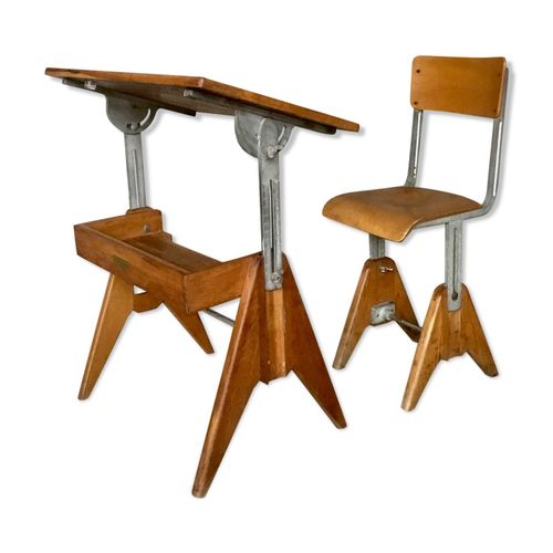 Bureau Et Chaise Enfant Modernistes Rglables Ets Levant Amp Godefroy Design 1950 Bois
