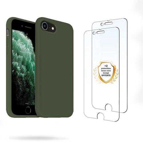 Coque Iphone 7/8/Se 2020 Silicone Liquide Vert Foret + 2 Vitres En Verre Trempé Protection Écran Antichocs - Evetane