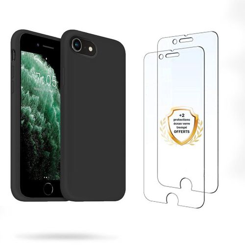 Coque Iphone 7/8/Se 2020 Silicone Liquide Noire + 2 Vitres En Verre Trempé Protection Écran Antichocs - Evetane