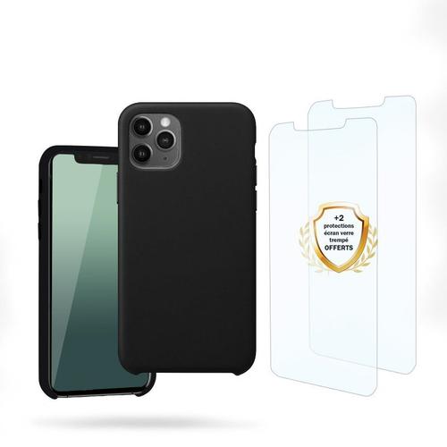 Coque Iphone 11 Pro Silicone Liquide Noire + 2 Vitres En Verre Trempé Protection Écran Antichocs Evetane