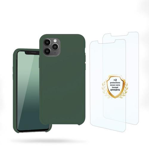 Coque Iphone 11 Pro Max Silicone Liquide Vert Foret + 2 Vitres En Verre Trempé Protection Écran Antichocs Evetane