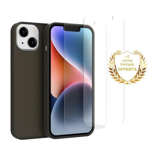 Coque Iphone 14 Plus Silicone Liquide Noire + 2 Vitres En Verre Trempé Protection Écran Antichocs Evetane