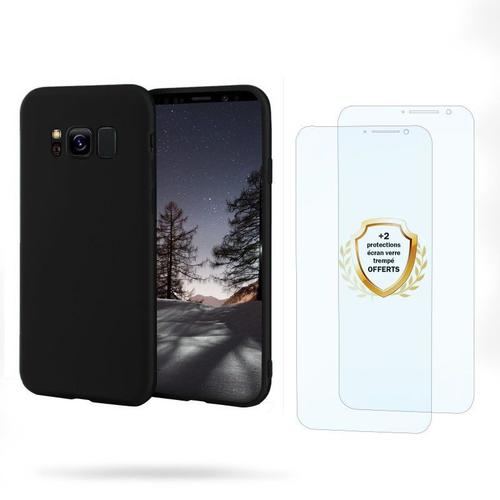 Coque Samsung Galaxy S8 Noire Silicone Liquide + 2 Vitres En Verre Trempé Protection Écran Antichocs Evetane