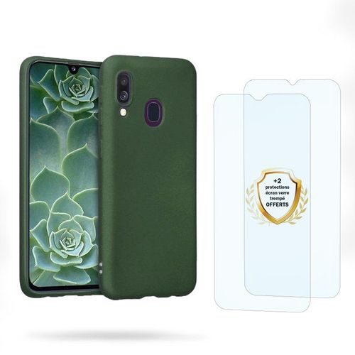 Coque Samsung Galaxy A40 Vert Foret Silicone Liquide + 2 Vitres En Verre Trempé Protection Écran Antichocs Evetane