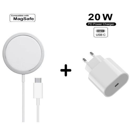 Chargeur 20W Charge Rapide Avec Câble Usb-c Vers Lightning + Câble Recharge  Sans Fil Compatible MagSafe Magnétique Pour iPhone 12 / 13 / 14 / Mini /  Pro / Max