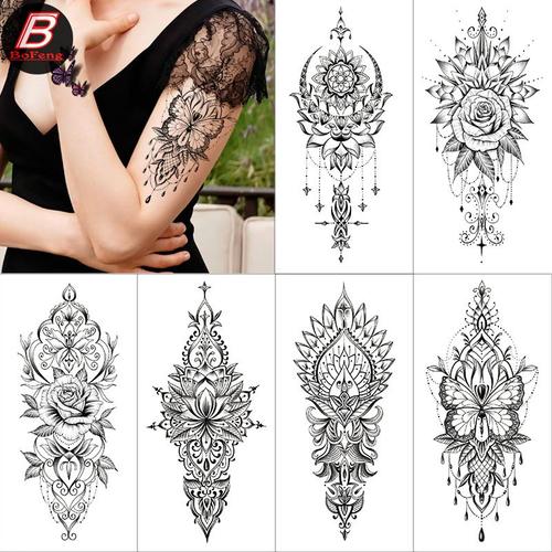 Croquis Fleur Fleur Bras Tatouage Autocollants Noir Et Blanc Peint À La Main Van Fleur Étanche Demi Bras Tatouage Autocollants D8939 6 Au Hasard 