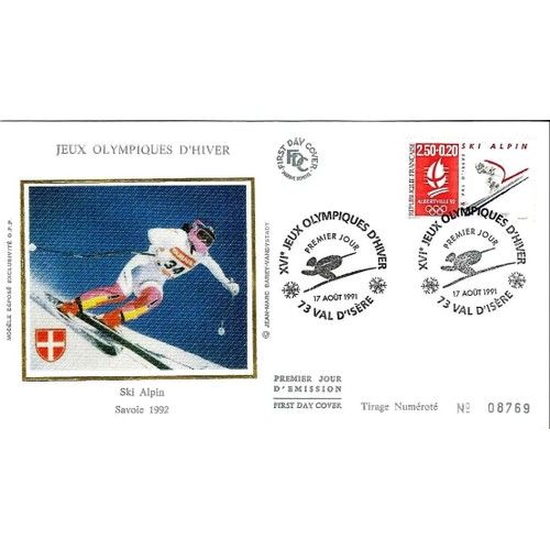 France 1991, Très Belle Enveloppe 1er Jour, Jeux Olympiques D'albertville, Timbre 2710 Ski Alpin, Cachets De Val D'isère, Tbe