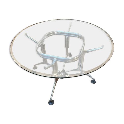 Table Salle Manger Ronde Vintage En Aluminium Brosse Amp Verre Biseaut 1970s Gris