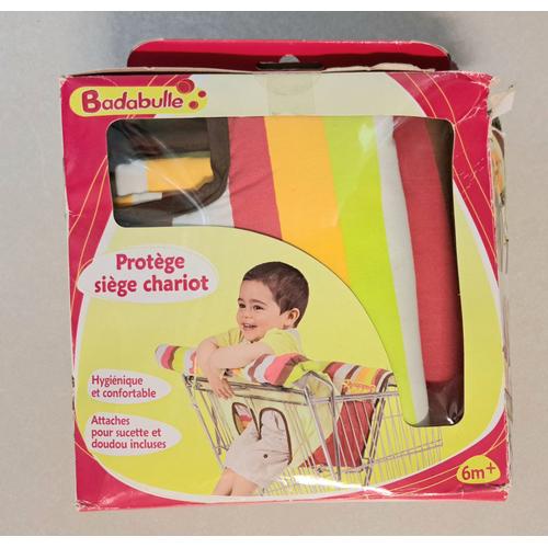 Protège siège chariot caddie enfant bébé rayé badabulle tissu hygienique  pour faire ses courses attache sucette doudou intégré matériel puériculture  - sécurité coussin chaise haute voyage