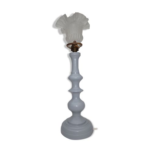 Ancienne Lampe De Table Pied En Bois Tourn Gris Galet Et Tulipe En Verre Gris