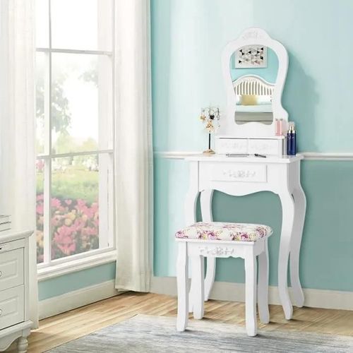 Costway Coiffeuse Avec Tabouret Table De Maquillage Avec 3 Tiroirs Et Dessus Amovible Blanc