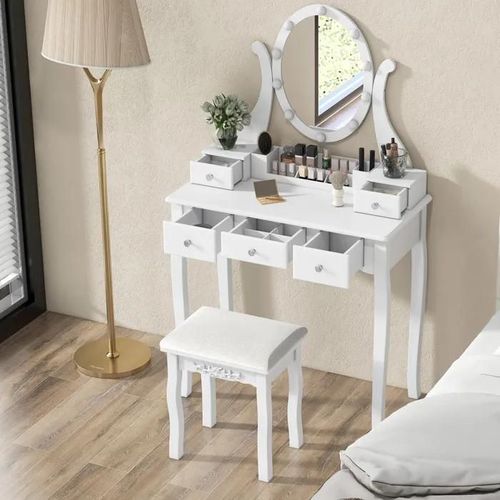 Costway Ensemble 2 En 1 Coiffeuse Et Tabouret, Miroir Rotatif, 10 Ampoules Led, 3 Modes De Couleurs, Luminosité Réglable, 5 Tiroirs