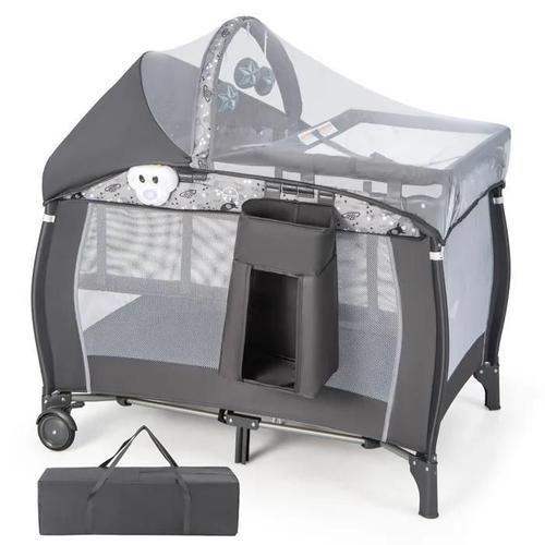 Lit De Parapluie Pliant Avec Matelas Costway 4 En 1-Table À Langer,Baldaquin Et Moustiquaire Pliable-Boîte À Musique-0-3 Ans 15kg