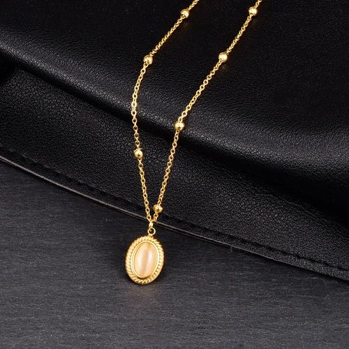 Blanc Opale Ovale Cour En Relief Baroque Chaîne Courte Collier D'or Lfv1829