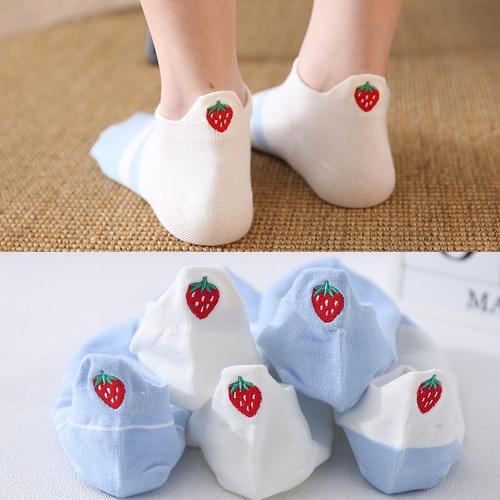 Chaussettes Courtes Pour Enfants, Légères, En Coton Brodé, Avec Un Talon En Forme De Fraise, Peu Profondes, À Bas Prix, Avec Un Tube Court Pour Les Bateaux.[5 Paires Au Hasard]