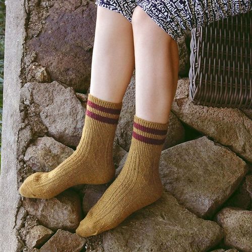 Chaussettes À Poils Épais En Laine À Rabat Deux Barres Pour Femmes[5 Paires Au Hasard]