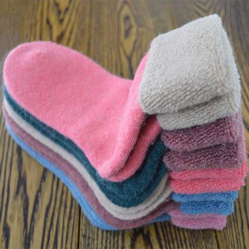 Chaussettes En Laine Éponge Brossée Chaussettes Épaisses Avec Blocage De Couleur Chaussettes En Laine Lapin À Rabat Pour Femmes[5 Paires Au Hasard]