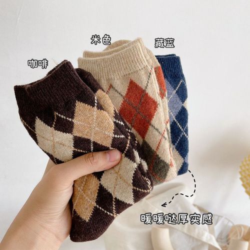 Chaussettes En Laine À Carreaux Diamantés Pour Femmes Chaussettes Longues Épaissies Chaudes Épaissies Marées Mi-Cuisse Chaussettes[5 Paires Au Hasard]