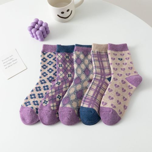 Chaussettes Violettes - Chaussettes En Laine Épaissie Éponge Pour Femmes, Chaussettes Chaudes À Carreaux Et À Losanges, Chaussettes Mi-Mollet.[5 Paires Au Hasard]