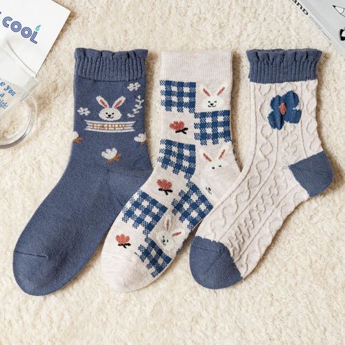 Chaussettes En Laine Pour Femmes Lapin Chaud Épaississement Cartoon Chaussettes Coréennes Pile[5 Paires Au Hasard]