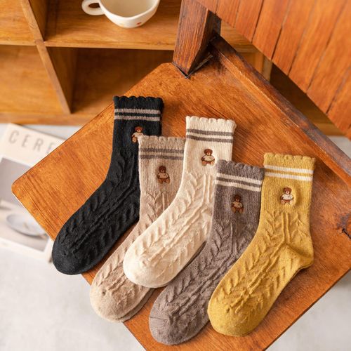 Chaussettes En Laine À Deux Barres Et Ours Brodés Pour Réchauffer Et Épaissir Les Chaussettes Mi-Mollets Pour Femmes[5 Paires Au Hasard]