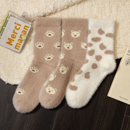 Chaussettes Mi-Cuisses En Laine Polaire De Vison Pour Femmes, Imprimé Léopard, Épaissies, Chaudes, En Peluche, Pour La Maison, Pour Dormir, Pour La Lune, Pour La Marée.[5 Paires Au Hasard]