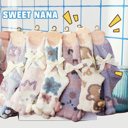 Chaussettes En Laine Polaire Corail Pour Femmes Chaussettes Épaissies Pour Dormir Chaussettes Chaudes Cartoon Bear Home Moon Furry Floor Socks[5 Paires Au Hasard]