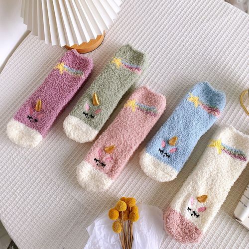 Chaussettes En Laine Polaire Corail Pour Femmes, Dessin De Licorne, Chaussettes Mi-Cuisses Pour Dames, Épaississement, Chaussettes Chaudes Pour Dormir.[5 Paires Au Hasard]