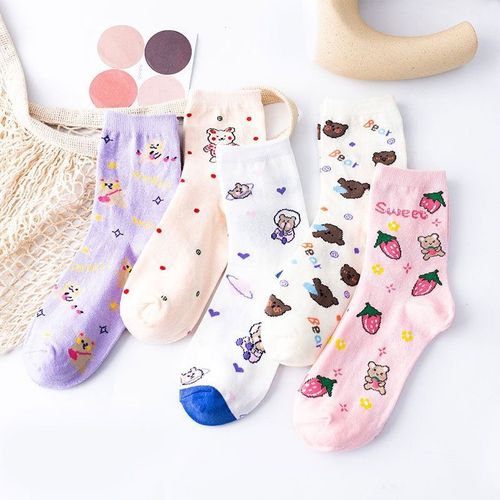 Chaussettes Flux Fille Cartoon C¿Ur Fraise Mi-Mollet Chaussettes En Coton[5 Paires Au Hasard]