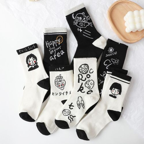 Chaussettes En Coton Mi-Mollet Noir Blanc Filles Lettres Cartoon[5 Paires Au Hasard]