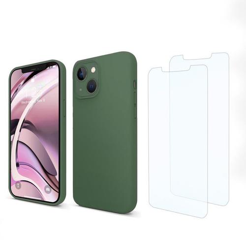 Coque Iphone 13 Mini Silicone Liquide Vert Foret + 2 Vitres En Verre Trempé Protection Écran Antichocs Evetane