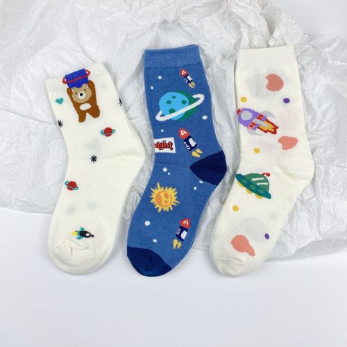 Chaussettes Mi-Mollets En Coton Pour Filles, Couleur Crème, Planète De Dessin Animé, Étoiles Cosmiques De L'espace.[5 Paires Au Hasard]