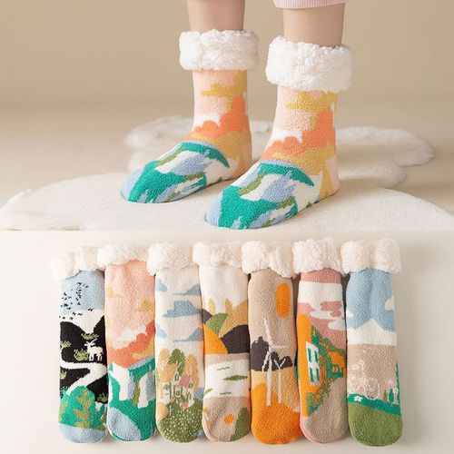 Chaussettes En Laine D'agneau Pour Femmes Épaissies Chaussettes Chaudes Pour Dormir À La Maison Chaussettes Antidérapantes En Silicone Pour Le Sol Chaussettes Mi-Cuisse Pour Femmes Anti-Gel[5 Paires Au Hasard]
