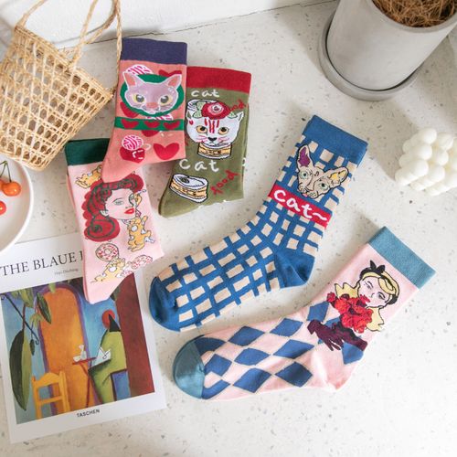 Bas De Marqueillustration D'un Chat De Dessin Animédes Chaussettes En Coton Respirant Pour Fillesdes Chaussettes À Mi-Mollet[5 Paires Au Hasard]