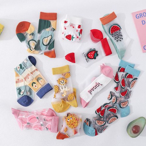 Chaussettes Femmes Fines Cartoon Verre Soie Mi-Mollet Chaussettes Mode Flux Carte Soie Chaussettes Femmes[5 Paires Au Hasard]