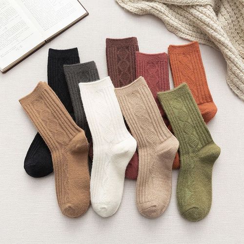 Chaussettes Chaussettes En Laine Pour Femmes Torsion Mi-Cuisse Chaussettes Épaissies Chaussettes Courtes Douces Et Chaudes[5 Paires Au Hasard]