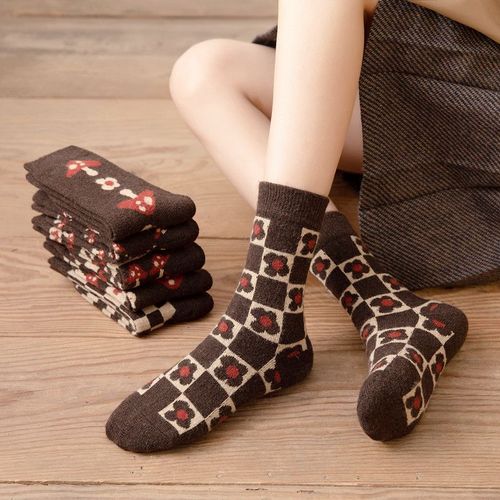 Chaussettes En Laine Curry Foncé Champignon À Carreaux Pour Femmes Chaussettes Mi-Cuisses Pour Femmes Chaudes Épaissies Pour Femmes[5 Paires Au Hasard]