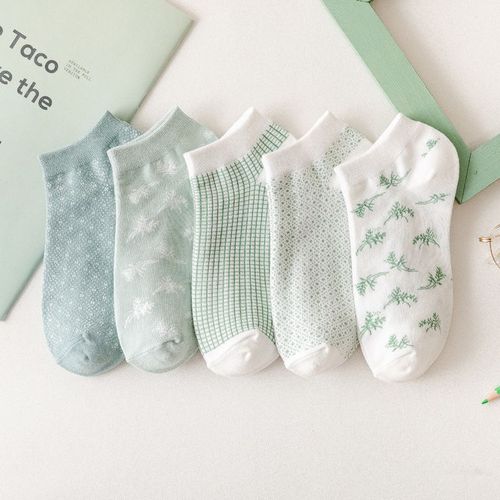 Mori Girl Chaussettes Bateau À Carreaux À Pois Chaussettes En Coton Vertes Chaussettes Bateau Marée[5 Paires Au Hasard]