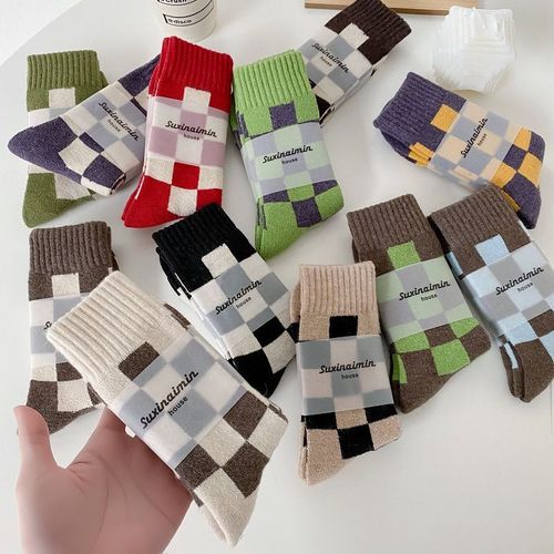 Chaussettes Épaisses Et Chaudes En Laine Éponge Longues Pour Femmes, À Carreaux Épais, À Mi-Mollet[5 Paires Au Hasard]