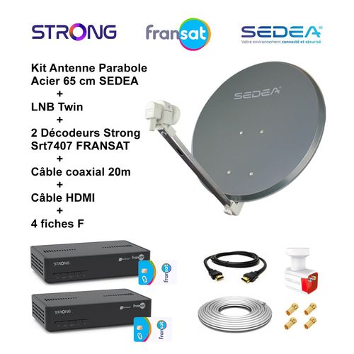 Kit Parabole Acier 65 cm Anthracite + LNB Twin 0,1 dB HD + 2 Décodeurs Strong SRT 7407 + Câble coaxial 20m + Câble HDMI + 4 fiches F