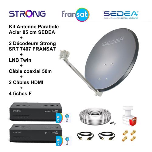 Kit Parabole Acier 85 cm Anthracite + LNB Twin HD 4K + 2 Décodeurs SRT 7407 FRANSAT + Câble coax 50m + 2 Câbles HDMI + 4 Fiches F