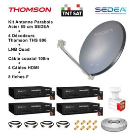 Kit Parabole Acier 85 cm Anthracite + LNB Quad HD 4K + 4 Décodeurs THS 806 TNTSAT + Câble coax 100m + 4 Câbles HDMI + 8 Fiches F