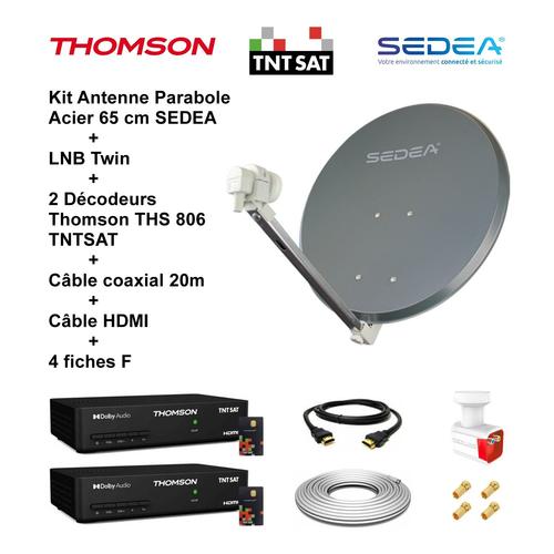 Kit Parabole Acier 65 cm Anthracite + LNB Twin Full HD 4K + 2 Décodeurs THS 806 TNTSAT + Câble coax 20m + Câble HDMI + 4 fiches F